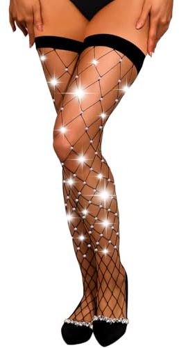 Fohevers Womens Sparkly Thigh High Fishnet Stockings Stay Up Elasticated Diamond Glitter Fishnet Thigh High Rhinestone Tights Big Net