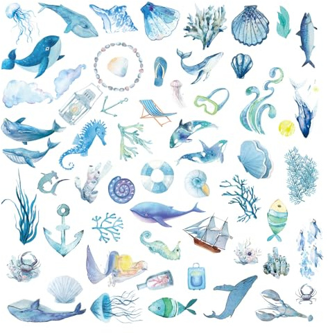 50 Pieces Watercolor Ocean Animal Stickers - Blue Waterproof Scrapbook Under The Sea Fish Wall Decals - Decorative Aesthetic for Journal, Laptops, Phone, Book, Guitar, Suitcase