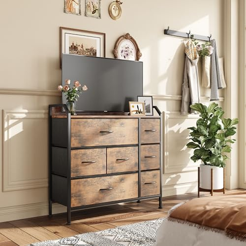 CAIYUN Chest of Drawers for Bedroom, Storage Organizer Unit with 7 Fabric Drawers, Storage Drawers Closet for Hallway, Living Room, Wooden Top & Metal Frame, Rustic Brown