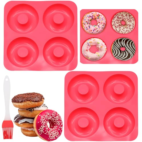 Scettar 3 Piezas Moldes de Silicona para Donuts, 4 Cavidades Moldes Silicona Donuts y 1 Cepillo de Silicona, Molde Donuts Silicona sin BPA para Horno Donuts Pasteles Galletas Bagels Muffins