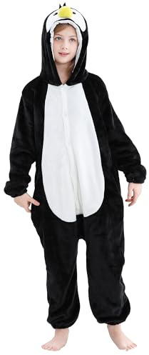 COOKY.D Pigiama con Cappuccio per Bambini Tuta da Cartone Animato Pigiama da Giocatore per Ragazze Pigiama da Notte per Bambini,Pinguino età 11-12 Anni