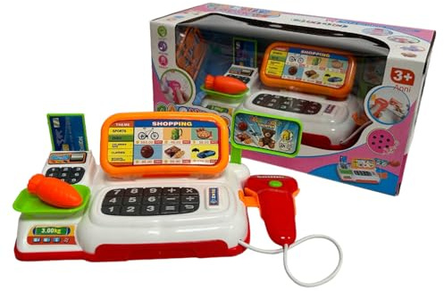 Registratore di Cassa Giocattolo per Bambini Registratore di Cassa Supermercato con Scanner Bilancia Luci e Suoni con Accessori e Soldi Finti Banconote e Monete Gioco Supermercato Cassiere Cassiera
