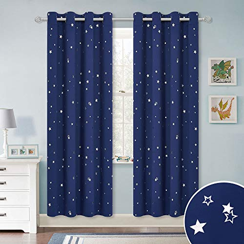 PONY DANCE Star Foil Printed Kids Curtains, Blue, 52x72 Inch | Eyelet Blackout Boys Curtains for Nursery & Bedroom, Thermal Insulated & Noise Reducing, Privacy Protected, 2 Panels