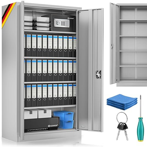 KESSER® Aktenschrank abschließbar mit Flügeltüren 180x80x40cm | Büroschrank aus Stahl mit 4 höhenverstellbaren Einlegeböden | Mehrzweckschrank 5 flexible Fächer, max. 40 kg pro Fach, inkl. 2 Schlüssel