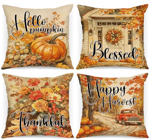 Benjia 4 stycken örngott höst örngott 45 x 45 cm, vattenfärg lastbil blomma pumpa höstkuddar dekorativa örngott kuddar för Thanksgiving halloween sängkläder soffa fåtölj hem dekorationer 45x45 cm