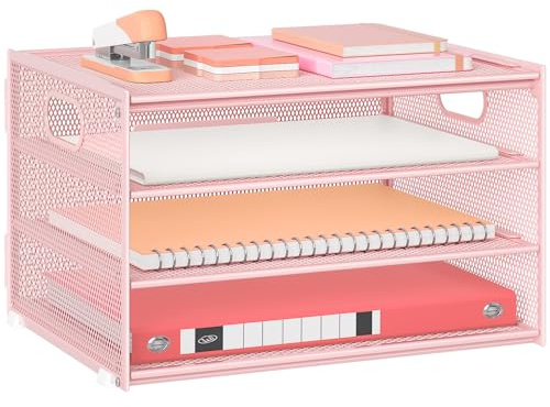 Marbrasse Schreibtisch Organizer,4-Stufiges Metall Netz-Briefablage mit Griff,Zeitungsordner,Papier Dokumenten Ablageteller Organisator für Büro,Zuhause und Schule (Rosa)