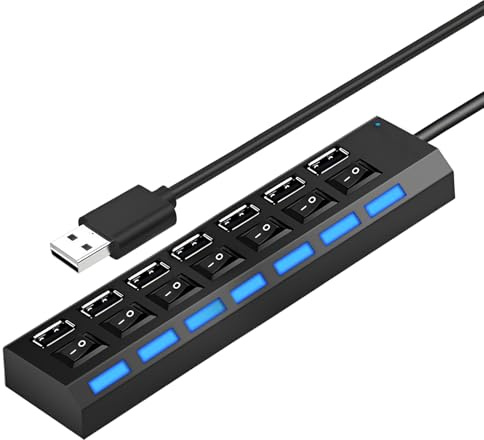 Hub USB 2.0 Alimentado de 7 Puertos, Adaptador de Puerto Multipuerto con Interruptores Independientes y LED, Extensor Multipuerto para PC, Portátil, MacBook