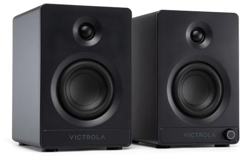 Victrola Tempo – Altoparlanti Bluetooth da Scaffale con Suono Potente che Riempie la Stanza, Streaming Multiroom Auracast, Ingressi per Giradischi e USB-C per Computer, Uscita Subwoofer (Coppia, Nero)