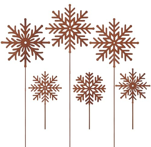 Otuuz Set di 6 Decorazione da Giardino Color Ruggine in Metallo Decorazione da Giardino Natalizia per Tomba Patio Balcone Vaso da Fiori Resistente alle Intemperie(Fiocchi di Neve)