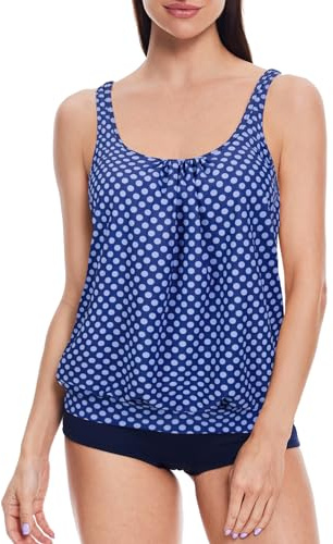 loginsummer baddräkt tvådelad dam, tankini dam magväg, stora storlekar, hög midja, tankini set, blouson tankini topp med badshorts, Blå prickar, 48