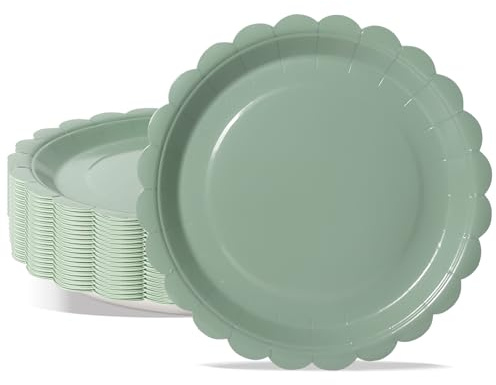 PYAILI 50 Piatti di Carta - Set Compleanno 18cm (Piega Smerlata Verde Salvia) per Feste Fine Anno, Capodanno e Compleanni