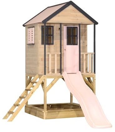 Wendi Toys M48PP Lekhus med rutschkana – stylhus av FSC-trä för barn, trädgård, utomhus, piedesthöjd 90 cm, 280 × 197 × 242 cm, med 175 cm halkskydd, sandlåda och stege, väderbeständig, pastellrosa