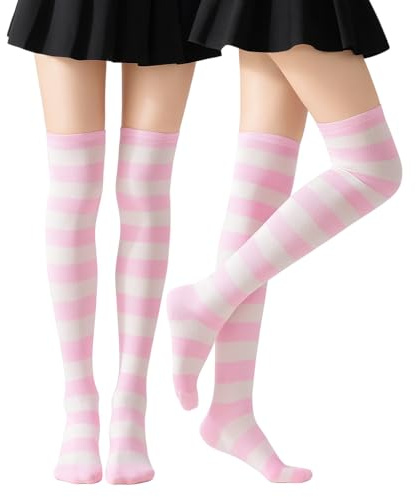 JClorix 2 paia Calze Overknee Rigate Sopra il Ginocchio, Calze lunghe Donna, Calze a Righe Oltre il Ginocchio calze al Ginocchio Donna, Carnevale Natale Halloween