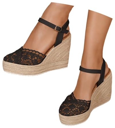 Dasongff Sandales Femme Été Espadrille Compensées Plateforme Plates Chaussures à Bout Fermé en Dentelle Confort Bride Cheville Vintage Vacances Talon Closed Toe Sandals Women