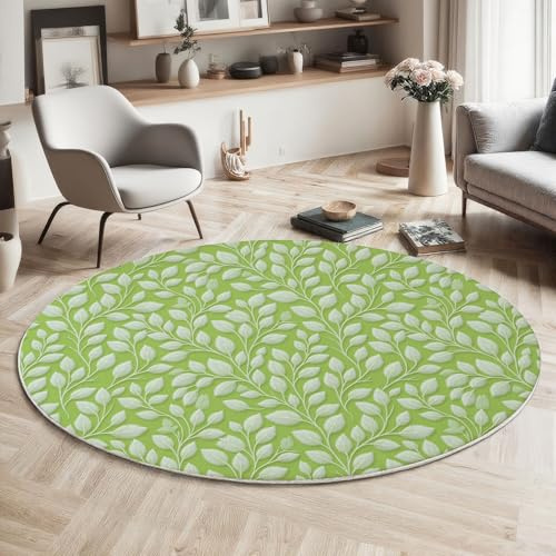Tappeto Rotondo da 100cm Tappeto Pelo Corto Stampa A Foglia Di Salice Tappetini Piante Semplici Antiscivolo, Lavabile in Lavatrice per Soggiorno, Camera da Letto, Cameretta dei Bambini, Verde Chiaro
