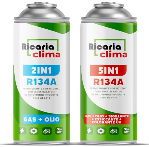 Ricaria Clima 5-en-1 – Recharge Climatisation Auto R134a + R134a XL avec Huile, Stop-Fuite, Traceur UV et Déshydratant – Protège Le Compresseur (235 g)