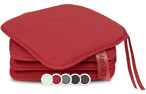 ZOLLNER 4er Set Sitzkissen in 38x38cm - gemütliche Stuhlkissen mit Bindebänder - waschbar bis 30°C - in rot - Oeko Tex® Zertifiziert