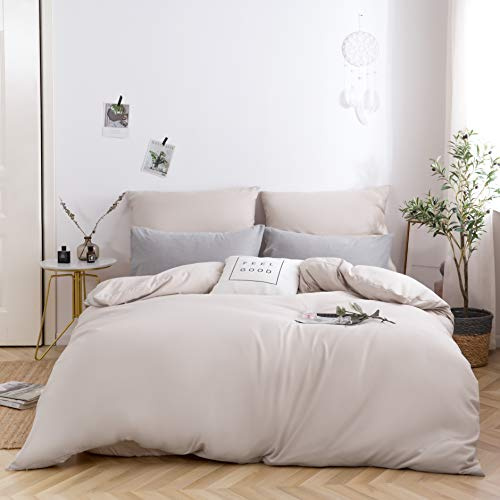MOHAP Housse de Couette 220x240cm+2 Taies d'oreillers 65x65cm Beige Parure de Lit Adulte 2 Personnes 100 Fils/cm² en Microfibre avec Fermeture Éclair