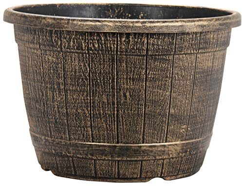 Muddy Hands Bronze Wooden Barrel Effect Plant Pot Round Plastic Planter Outdoor Garden Flower Tree Herb (1, 25.8 Litre)