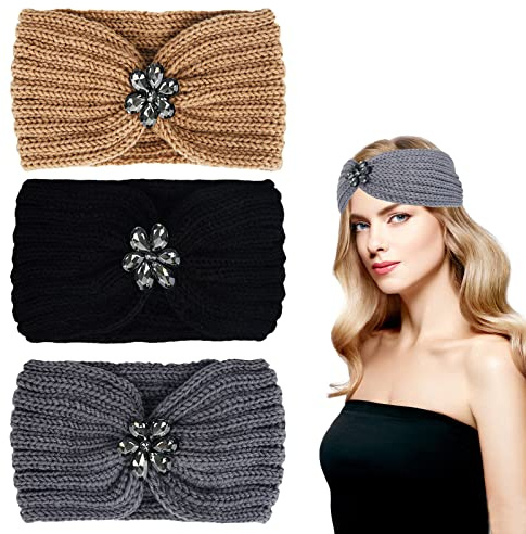 3 Pièces Bandeau Cheveux Femme Hiver Bandeaux en Tricot Câble Sequin Perle Fleur Tricot Bandeau Élastique Thermique Turban Wraps Bandeaux Hiver Serre-Tête Cache Oreilles pour Sports de Plein Style A