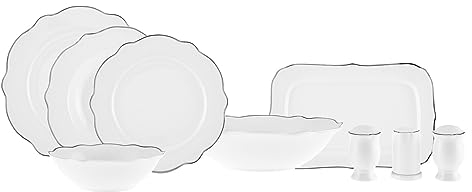 Karaca Pablo Geschirr Set New Generation Bone Platin, 59-teilig für 12 Personen, Servierteller, Kuchenteller, Grubenteller, Neue Knochen, Tafelservice, Täglich Servieren