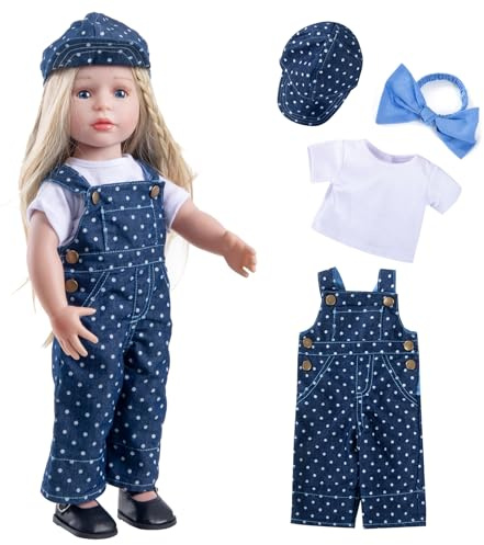 Rakki Dolli Doll Clothes Accessories 4 Pcs Set with Fashion Blue Overalls Bib Pants Jumpsuit & White Short-Sleeved T-Shirt & Cap & Headband Hair Rope for Doll