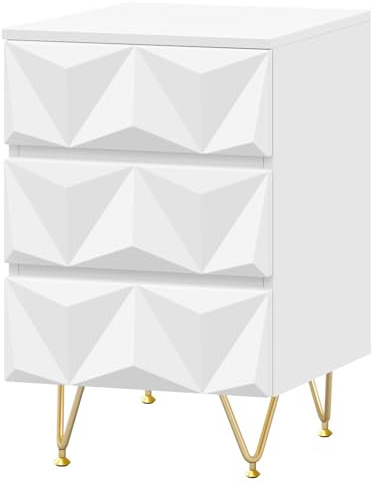 EUGAD Mesita de Noche con 3 Cajones Efecto 3D Blanco y Dorado, Patas de Metal, 40x40x62,5 cm, Mesilla Elegante Moderna Auxiliar para Dormitorio y Salón, 0004CTG