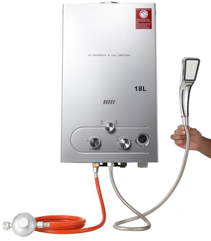 TABODD 18 l Propan-Gas-Durchlauferhitzer mit Druckregler, 36 kW Durchlauferhitzer mit GPL, tragbarer Brenner für Durchlauferhitzer, ohne Tank mit Duschset für Camping, Silber