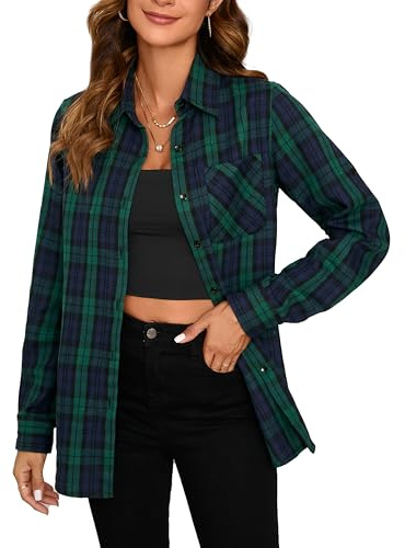 Stamain Checked Shirts for Women Casual Flannel Plaid Shirt Long Sleeve Button Down Cowboy with Pocket for Daliy Party Blue Green L
