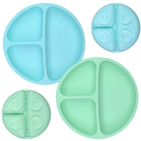 Newpop 2 Stück Kinderteller mit Saugnapf, Kinder Teller mit Unterteilung, Beikost Teller Unterteilt, Esslernteller aus Lebensmittelqualität Silikon, BLW Teller Set Rutschfester, Spülmaschinenfest