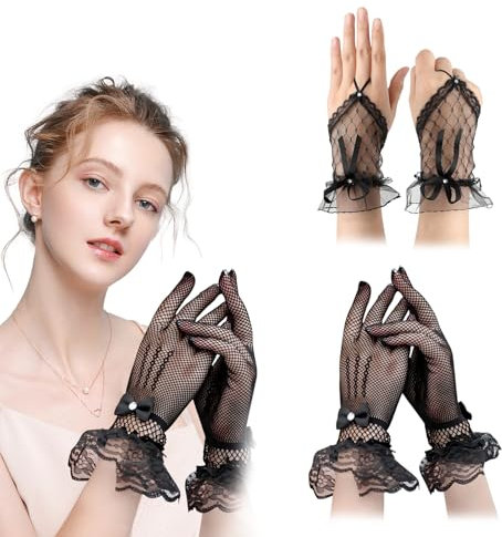 Celiodd 2 Paar Spitzenhandschuhe Schwarz Spitzen Handschuhe Damen Spitzen Handschuhe Elegante Fishnet Netzhandschuhe für Hochzeiten,Dinnerpartys,Halloween,Cosplay Usw(Schwarz)