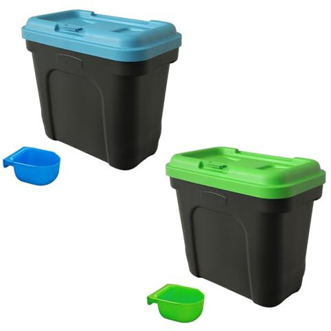 KCT 2 Pack Dry Pet Food Storage Container with Integrated Scoop - Dog Cat Animal Feed Bin Box - 15L / 7kg – Green & Blue