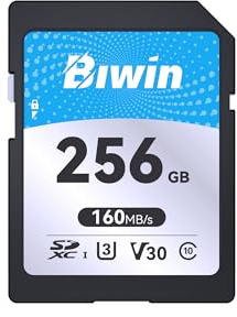 Biwin SD160 SD Card 256GB, SDXC Memory Card for Camera, Up to 160 MB/s Read Speed, 4K UHD, UHS-I Class 10 U3 V30 SD 3.0 Card, Shock & Water Resistance