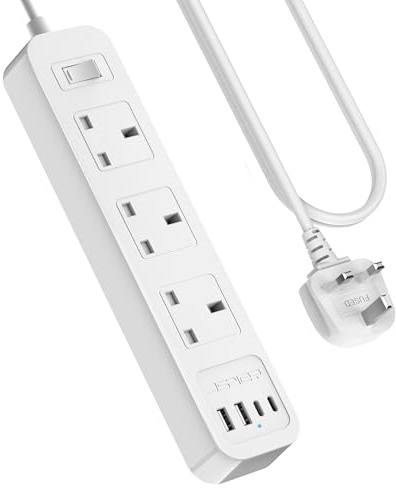 JSVER Extension Lead USB,7 IN 1 Power Socket with 3 Way and 4 USB Fast Charging Station(2 Type C and 2 USB-A) Power Strip 3250W 13A with 2M Power Cord for Home and Office-White