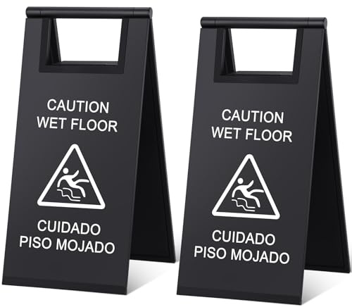 Kigley 2 Pcs Wet Floor Sign, 17 Inch Stainless Steel Caution Wet Floor Sign Double Sided Portable Foldable Bilingual Safety Warning for Hotel Market Restroom Restaurant Office (Black)