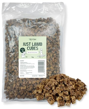 UPRAW Natural Dog Training Treats in bulk, 1kg 100% Pure Meat Training Cubes - Natural Hypoallergenic - Grain Free - No additives or Preservatives. (1kg, Lamb)
