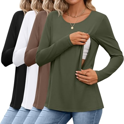 4 Pack Women's Cotton Nursing Tops, Breastfeeding Maternity with Hidden Zippers Crew Neck Long Sleeve Pregnancy Shirts(Army Green, Coffee, White, Black,Large)