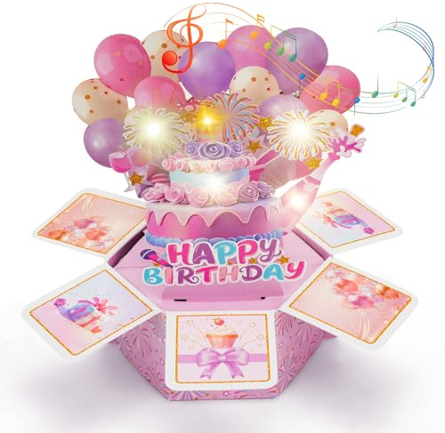 MOWETOO Tarjeta de cumpleaños con música, luces LED y velas sopladas, caja de regalo desplegable 3D y regalo de cumpleaños para mujeres, hombres, niños y adultos