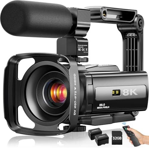 8K Video Camera 88MP UHD WiFi Vlogging Cameras for YouTube 18X Digital Zoom IR Night Vision 3.0'' Touch Screen Camcorder with 32GB Card, Microphone, Lens Hood, Stabilizer, Remote, Two Batteries
