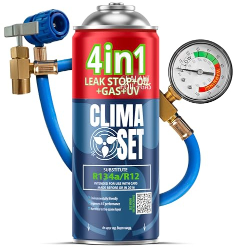 CLIMASET - 4-I-1 Luftkonditionering Påfyllningsgas R134a, Olja, Läckagetätningsmedel Med UV-Färg + Slang - AC-Gaspåfyllnings- och Läckagedetekteringssats -Påfyllningssats för Bilens Luftkonditionering