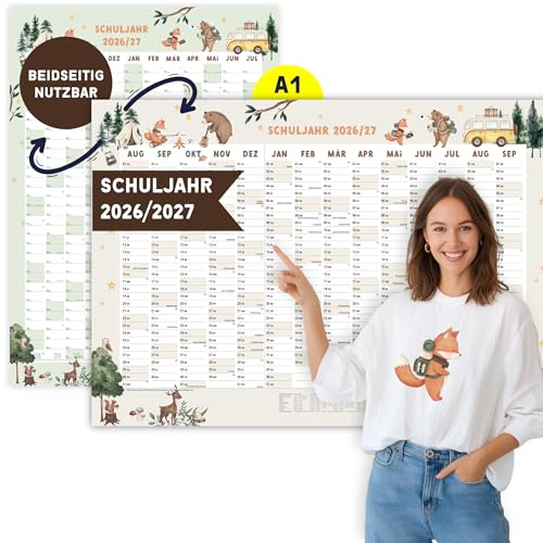 heaven+paper Planificador de año escolar 2026/2027, calendario escolar 26/27 A1, calendario de pared 2026 y 2027, de papel natural FSC, planificador anual, fabricado en Alemania (animales del bosque