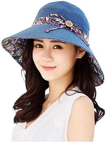 LassZone UV Protection Cotton Sun Hats Summer UPF 50+ Sun Shade Flap Cover Cap with Neck Cover Cord for Womens Girls Blue