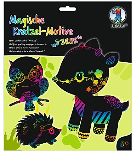 Ursus 24540003F - Magische Kratzel-Motive Tiere, schwarz, mit Regenbogen Effekt, 6 Bogen 250 g/qm, inklusive 1 Bambusstift, Stickeraugen und Kratzanleitung, ideal als Geschenk, bunt