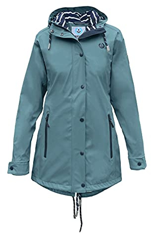 MADSea Damen Regenmantel Friesennerz 620 | halblanger wasserdichter Regenparka | winddicht mit maritimen, weiß/blauen Innenfutter, Petrolblau, Größe:40