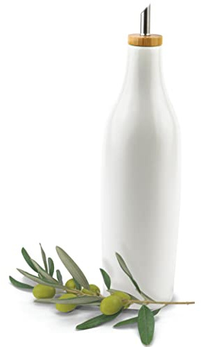 kitchentoolz Ceramic Olive Oil Dispenser Bottle - Vinegar EVOO Soy Sauce Holder - Minimalist White Kitchen Accessories - 16.9 oz Kitchen Oil Cruet Pour Bottle