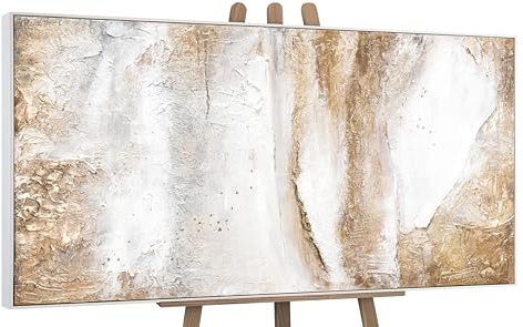 YS-Art Cuadro pintura abstracta hecho a mano en beige con líneas doradas Aesthetics Decoración de pared salon modern Arte murale con marco 120x60 cm