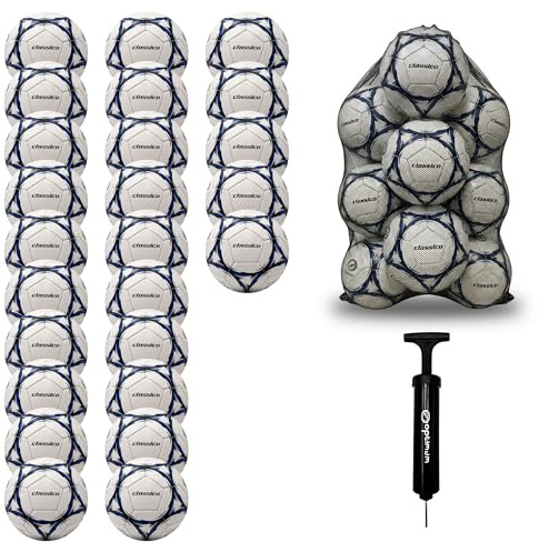Optimum Sport Classico Football Bulk Pack with Bag & Ball Pump for Indoor/Outdoor Training & Matches, Durable Valve for Consistent Flight & Lasting Air Retention – 25 Pack, Size 5, White/Black/Blue
