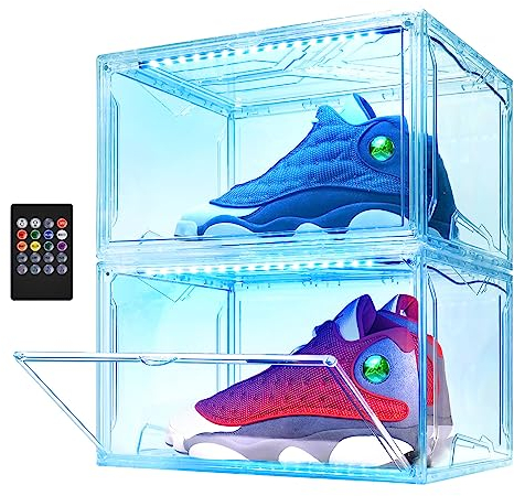Oltraman LED Schuhboxen Stapelbar, 2er Set, Schuh-Organizer aus Kunststoff, Schuhaufbewahrung Platzsparend, Musik Sound-aktiviert und Fernbedienung, Transparent