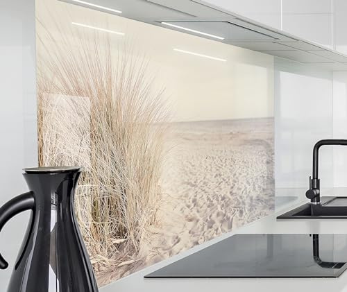 timalo Herd Spritzschutz Wand Spüle, Küche Küchenrückwand Glasoptik | Acryl Glas 2mm | Glasrückwand Acrylglas Küchenpaneele Rückwandschutz Platte | 60x40cm Meer Düne Pampasgras Nordsee