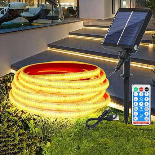 Wisada 12V Solar COB LED Streifen Selbstklebend, 5m 320LEDs/m Superheller Warmweiß COB LED Strip Cuttable LED Band,8 Modi Lichtband Außen IP68 Lichterkette Mit Fernbedienung für Terrasse, Innenhof